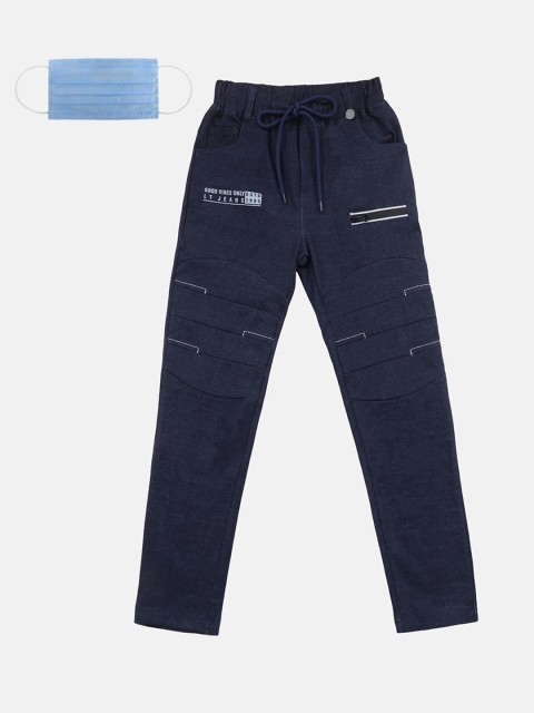 

Lil Tomatoes Boys Navy Blue Solid Straight-Fit Track Pants With 3-Ply Face Mask