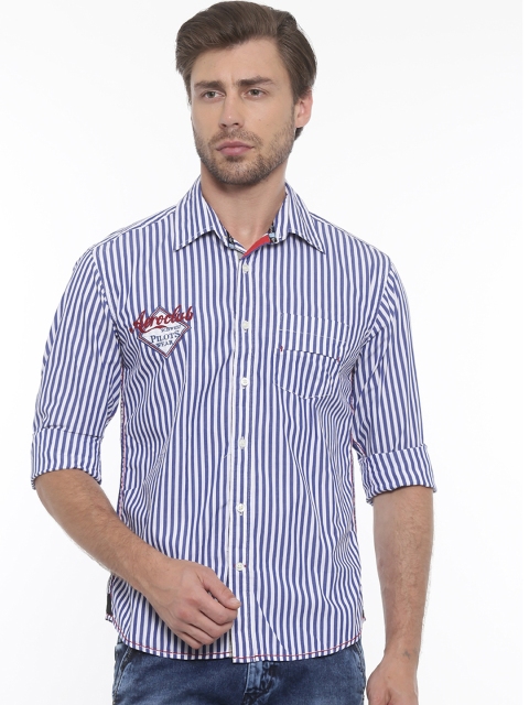 

Flyrs Club Men White & Navy Blue Slim Fit Striped Casual Shirt