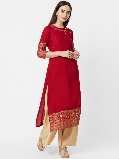 

FASHOR Women Maroon Foil Print Embellished Straight Kurta