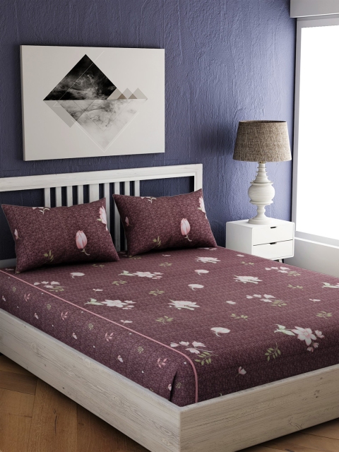 

EverHOME Mauve Floral 210 TC Cotton 1 Queen Bedsheet with 2 Pillow Covers