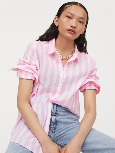 

H&M Women Pink & White Striped Cotton Shirt
