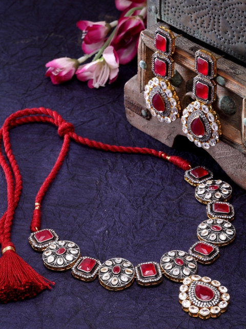 

DUGRISTYLE Silver-Plated & Red Sterling Silver Ruby & AD Studded Handcrafted Jewellery Set