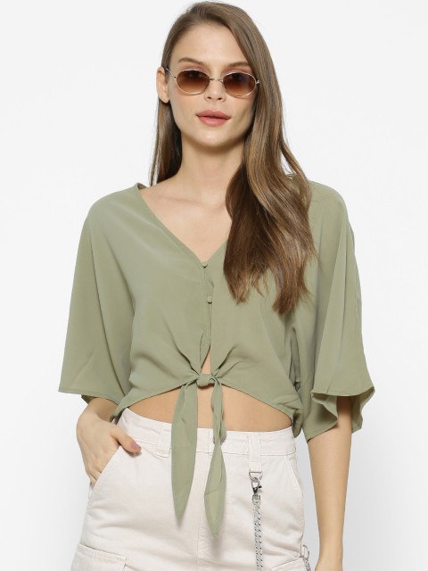 

FOREVER 21 Women Olive Green Solid Crop Top with Tie Up