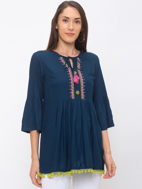 

Globus Women Navy Blue & Pink Embroidered Tunic