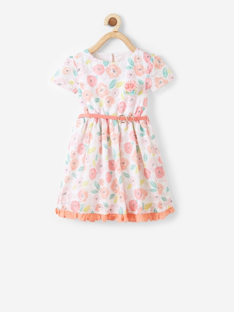 

VITAMINS Girls White & Peach Floral Print Fit and Flare Schiffli Dress