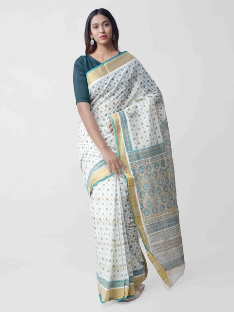 

Unnati Silks Off-White & Blue Pure Cotton Printed Kerala Kasavu Saree