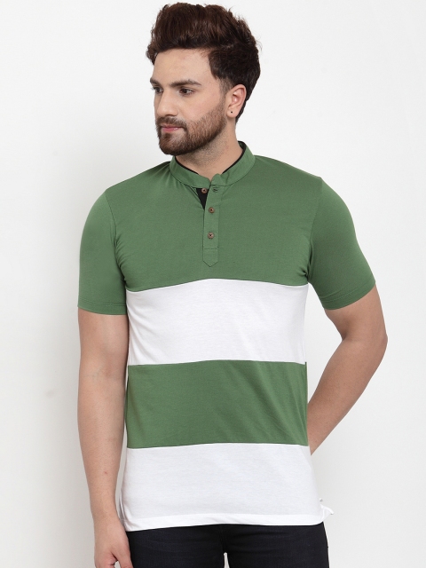 

Kalt Men Green & White Striped Mandarin Collar T-shirt