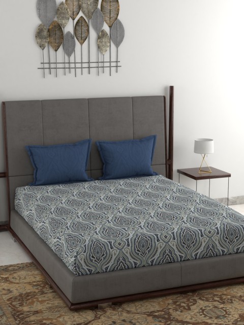 

Trident Blue & Grey Ethnic Motifs 144 TC Cotton 1 King Bedsheet with 2 Pillow Covers