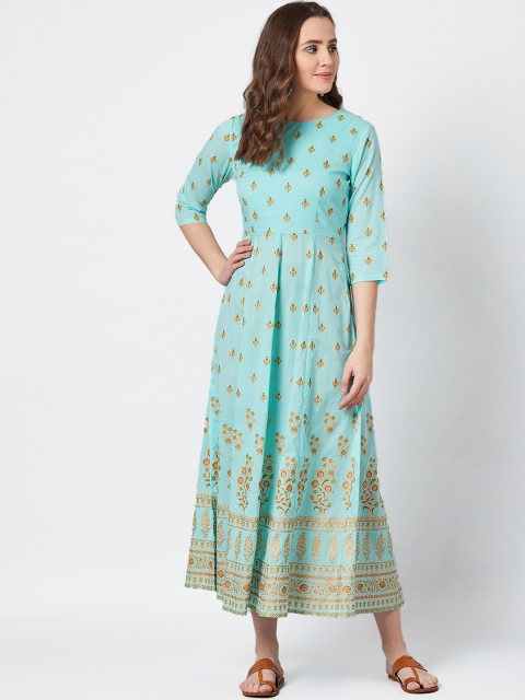 

PANIT Women Turquoise Blue & Yellow Kalamkari Floral Print Maxi Dress