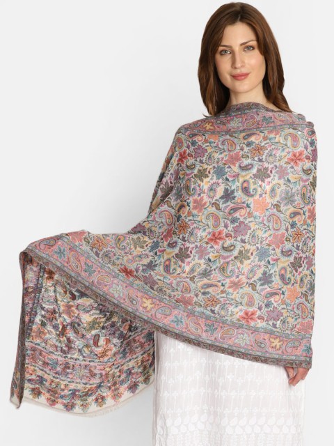 

Anekaant Women White & Pink Woven Kanni Paisley Pure Wool Shawl