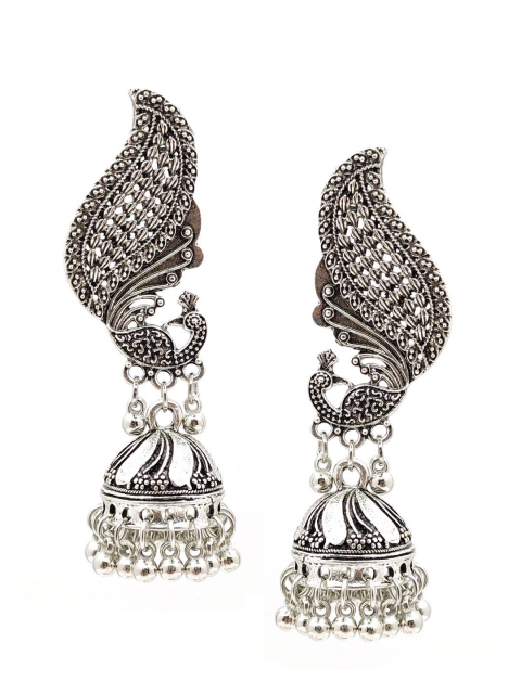 

Sia Art Jewellery Silver-Plated Oxidised Peacock Shaped Jhumkas