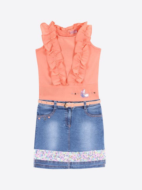 

CUTECUMBER Girls Peach & Blue Self Design Top with Denim Skirt