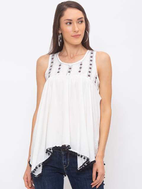 

Globus Women White & Black Embroidered A-Line Top