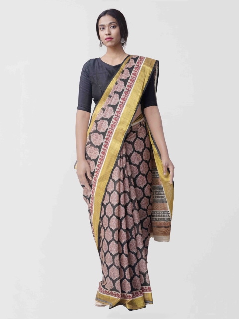 

Unnati Silks Black & Pink Jute Kerala Cotton Printed Kasavu Saree