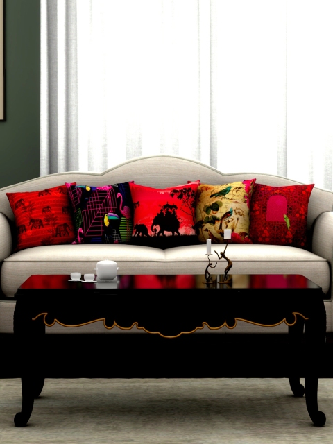 

BIANCA Multicoloured Set of 5 Ethnic Motifs Square Cushion Covers, Multi