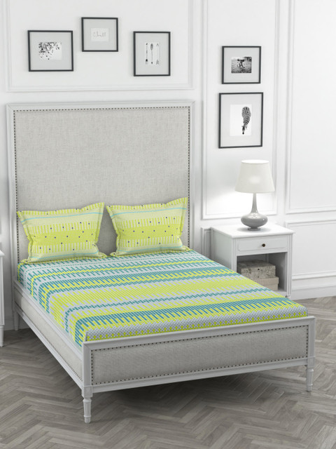 

Portico New York Lime Green Striped 144 TC Cotton 1 Queen Bedsheet with 2 Pillow Covers
