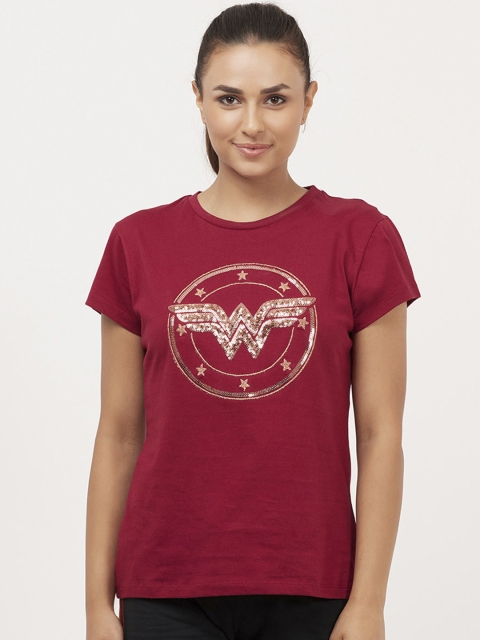 

Free Authority Women Maroon WONDER WOMAN Printed Round Neck Slim Fit T-shirt