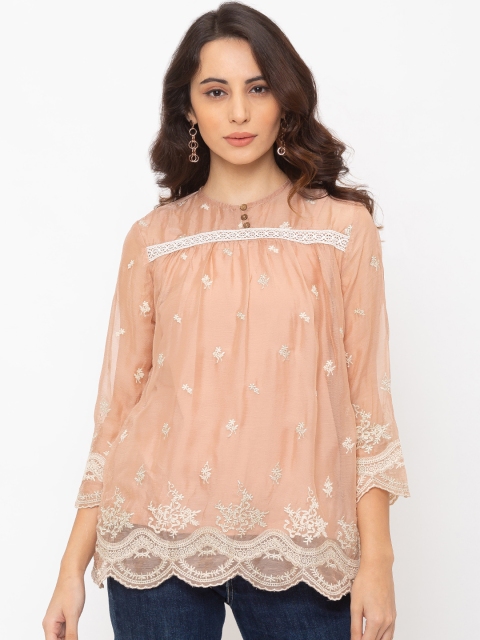 

Globus Women Peach & White Embroidered A-Line Pure Cotton Top