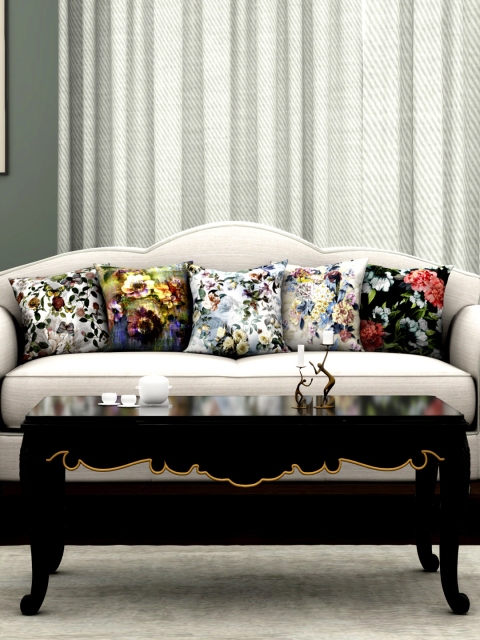 

BIANCA Multicoloured Set of 5 Floral Square Velvet Cushion Covers, Multi
