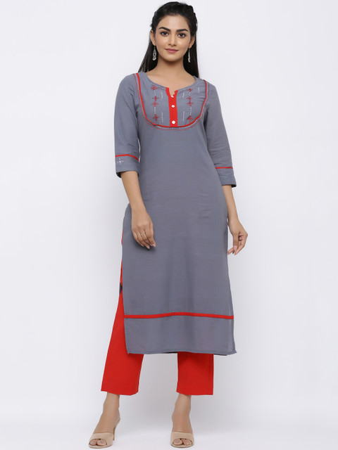 

Indi INSIDE Women Grey & Red Yoke Design Kurta with Palazzos