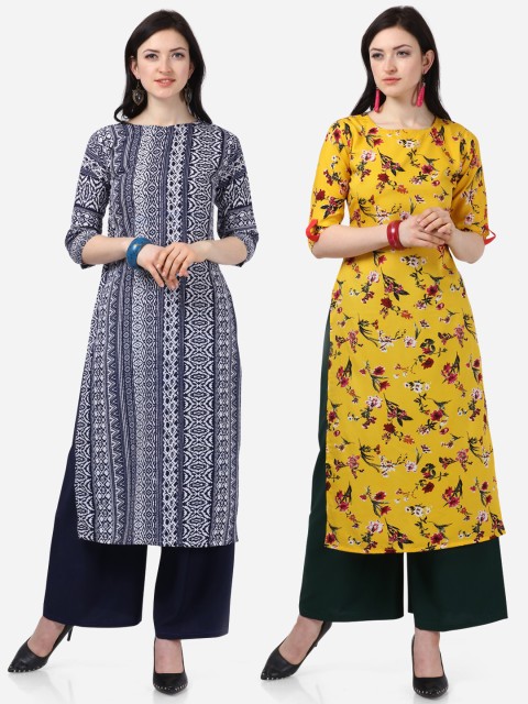 

Silk Bazar Women Navy Blue & Yellow Printed Straight Kurtas