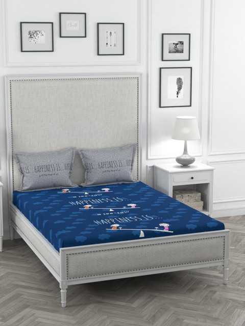 

STELLAR HOME Blue & Grey Graphic 144 TC Cotton 1 Queen Bedsheet with 2 Pillow Covers