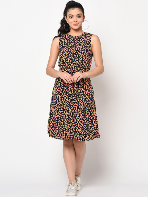 

SQew Women Multicoloured Printed Fit and Flare Dress, Multi