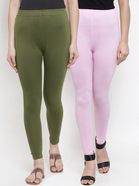 

TAG 7 Women Pack Of 2 Olive Green & Pink Solid Ankle-Length Leggings