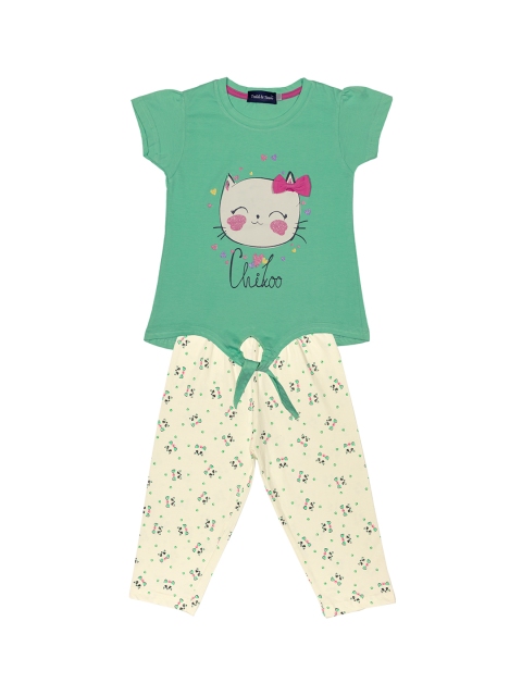 

Todd N Teen Girls Green & Cream-Coloured Printed T-shirt with Capris