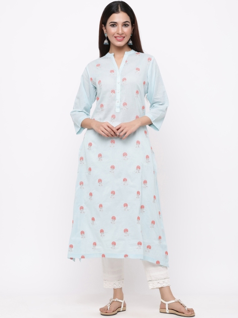 

Juniper Women Blue & Coral Pink Embroidered A-Line Kurta