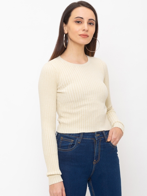 

Globus Women Beige & Off-White Striped Pure Cotton Top