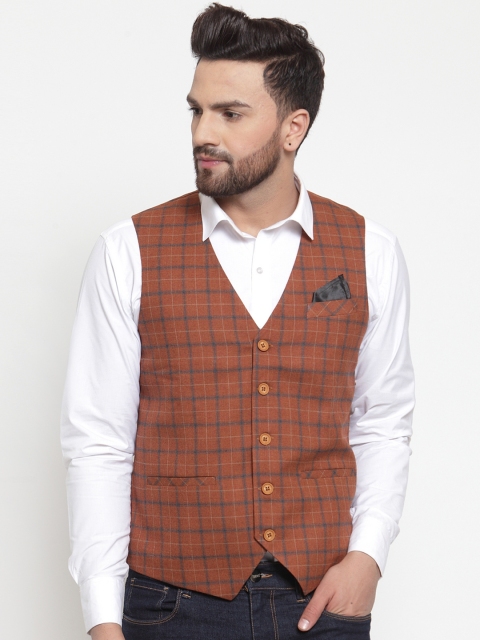 

NEUDIS Men Rust Orange & Blue Checked Waistcoat