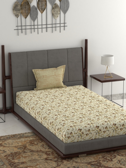 Trident Beige & Brown Floral 120 TC Cotton 1 Single Bedsheet with 1 Pillow Covers
