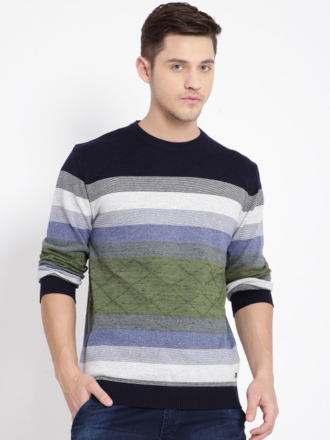 

t-base Men Green & Navu Blue Striped Pullover Sweater