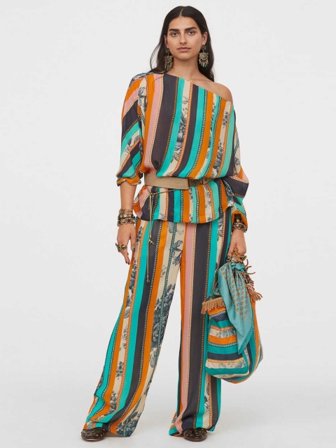 

H&M Women Multicoloured Striped Wide Chiffon Palazzos, Multi