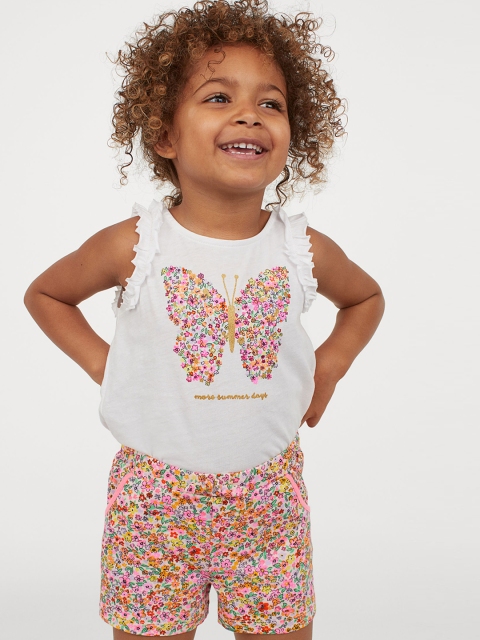 

H&M Girls Multicoloured Butterfly Print Frill-Trimmed Jersey Pure Cotton Top, Multi