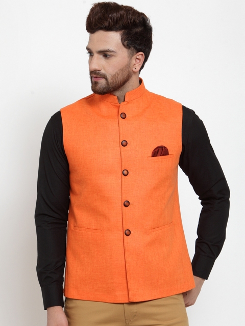 

MAXENCE Men Orange Solid Nehru Jacket With Pocket Square
