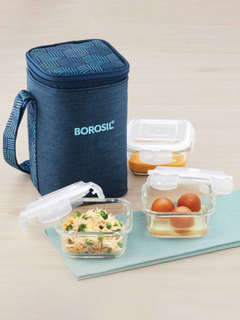 

BOROSIL Blue & Transparent FoodLuck Borosilicate Glass 3 Piece Square Containers Lunch Box With Bag