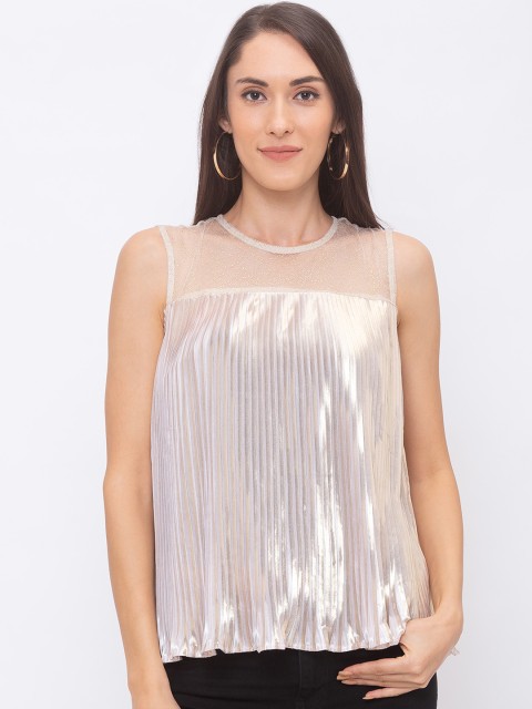 

Globus Women Gold-Coloured Solid Pleated Sheen A-Line Top