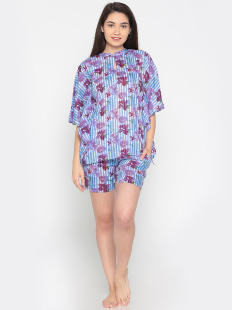 

The Kaftan Company Women Blue & Lavender Printed Night suit