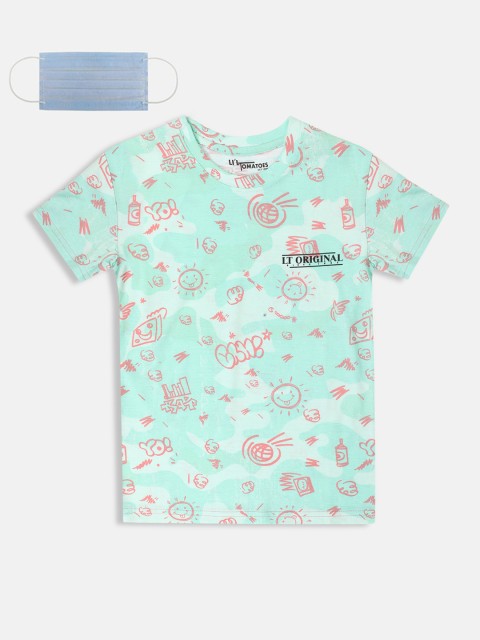 

Lil Tomatoes Boys Sea Green & Pink Printed Round Neck T-shirt