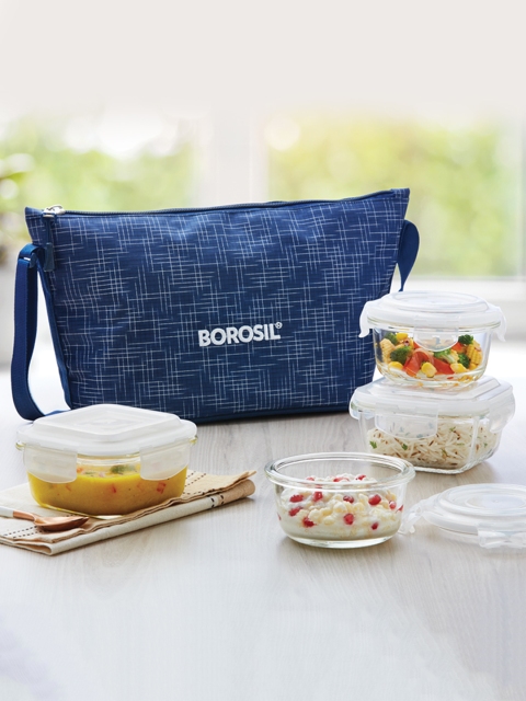 

BOROSIL Blue & Transparent Indigo Borosilicate Glass 4 Piece Containers Lunch Box With Bag