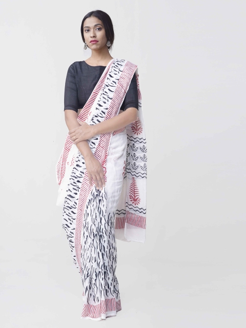

Unnati Silks White Pure Cotton Hand Block Printed Mulmul Kota Saree