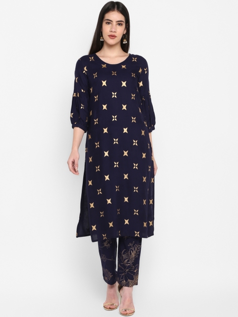 

Aprique FAB Women Navy Blue Foil Print A-Line Kurta