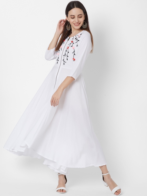 

Vedic Women White & Black Embroidered Maxi Dress