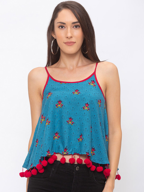

Globus Women Blue Floral Print A-Line Crop Top