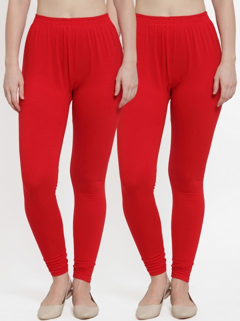 

TAG 7 Women Pack Of 2 Red Solid Churidar-Length Leggings