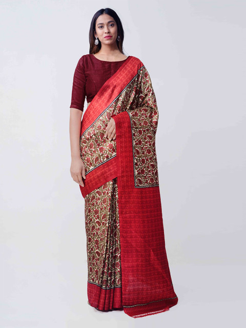 

Unnati Silks Cream-Coloured & Red Pure Silk Floral Printed Handloom Tussar Saree