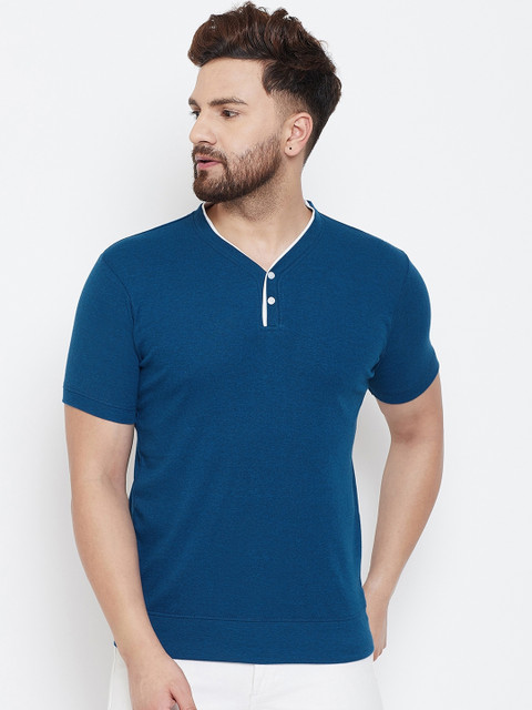 

wesquare Men Blue Solid Henley-Neck Cotton T-shirt