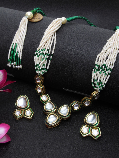 

DUGRISTYLE Gold-Plated White & Green Kundan-Studded Beaded Pearl Handcrafted Jewellery Set